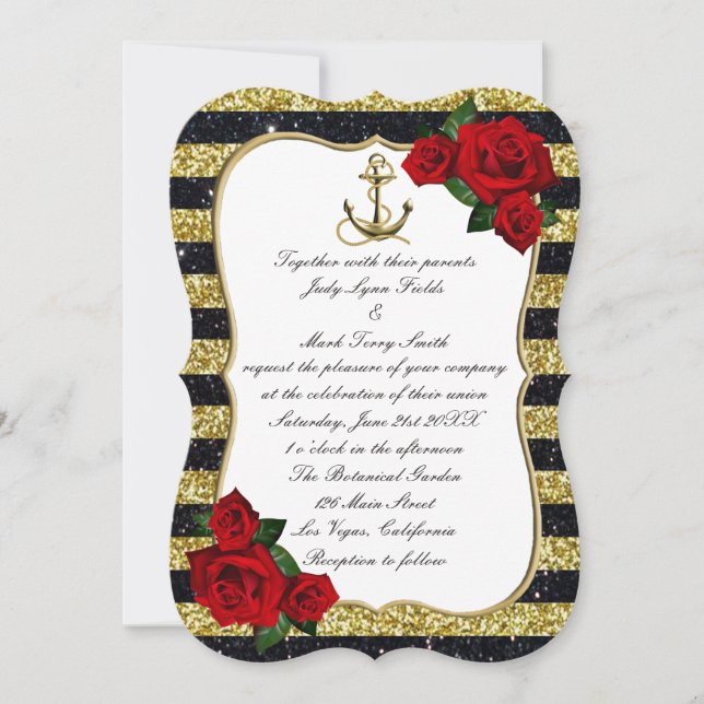 Nautical Anchor Gold Black Stripes Beach Hochzeit Einladung (Vorderseite)