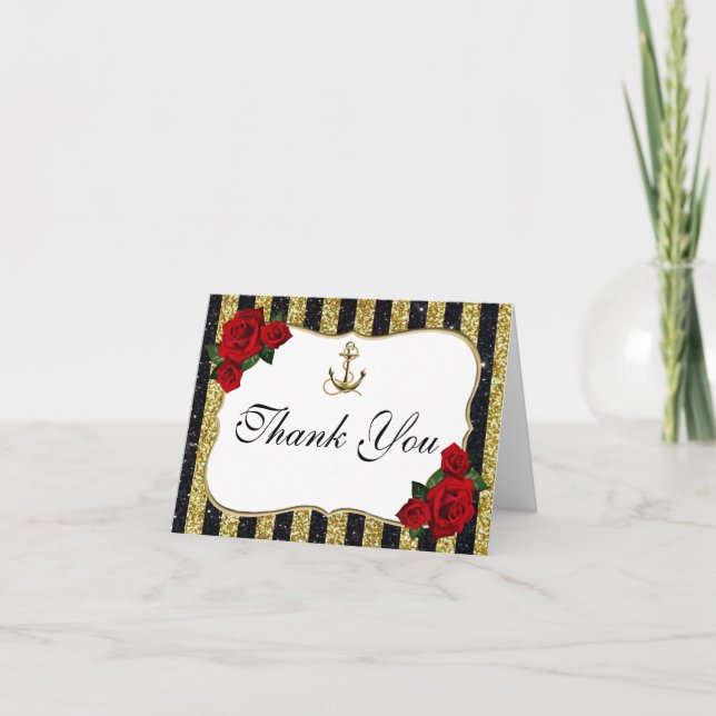 Nautical Anchor Gold Black Stripes Danke Karte (Vorderseite)
