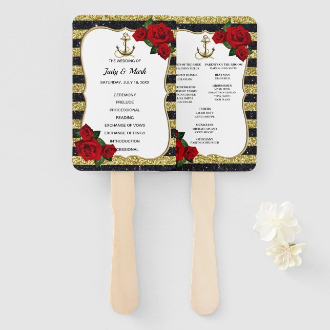 Nautical Anchor Gold Black Stripes Hochzeitsprogra Fächer (Vorne und Hinten)