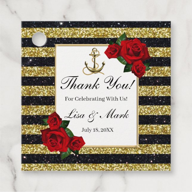 Nautical Anchor Gold Black Stripes Wedding Geschenkanhänger (Vorderseite)