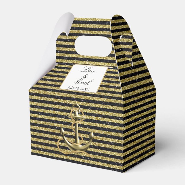 Nautical Anchor Gold Black Stripes Wedding Geschenkschachtel (Vorderseite)