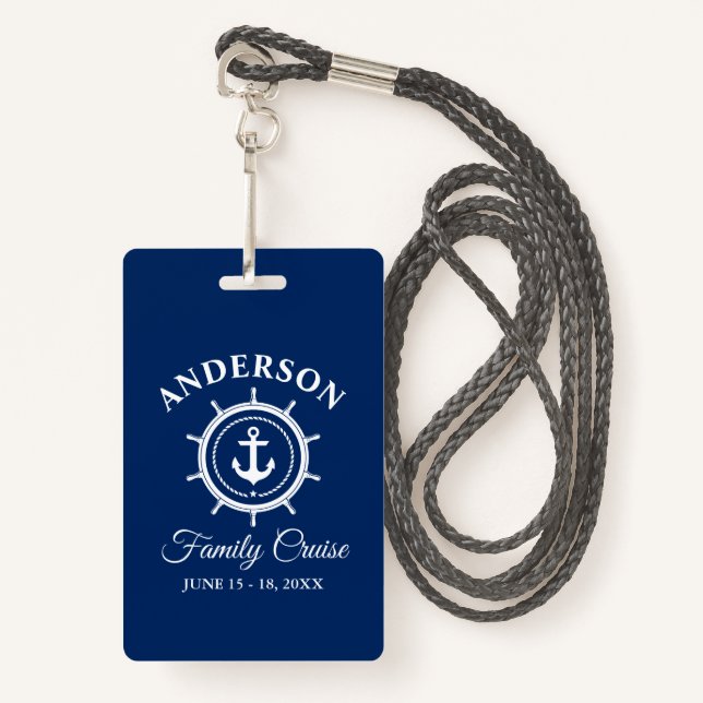 Nautical Anchor Helm Navy Blue Family Cruise Ausweis (Vorderseite mit Schlüsselband)