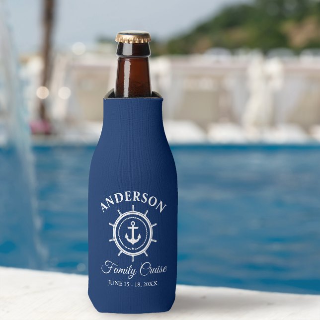 Nautical Anchor Helm Navy Blue Family Cruise Flaschenkühler (Customize to change background color.)