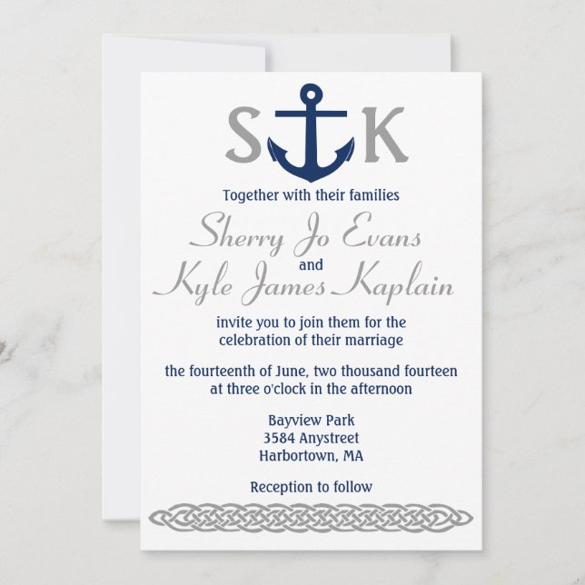 Nautical Anchor Hochzeitseinladung Marine und Grau Einladung (Vorderseite)