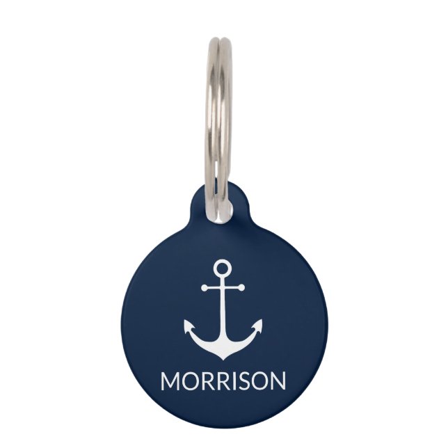 Nautical Anchor Marineblau individuelle Name Infoh Haustiermarke (Vorderseite)