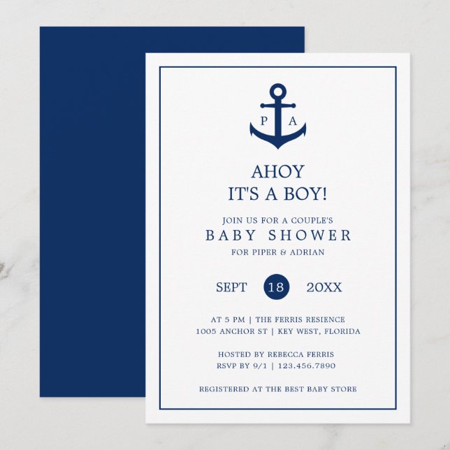 Nautical Anchor Monogram Boy Couples Kinderdusche Einladung (Vorne/Hinten)