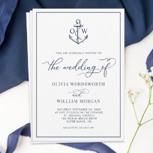 Nautical Anchor Monogram White Wedding Einladung
