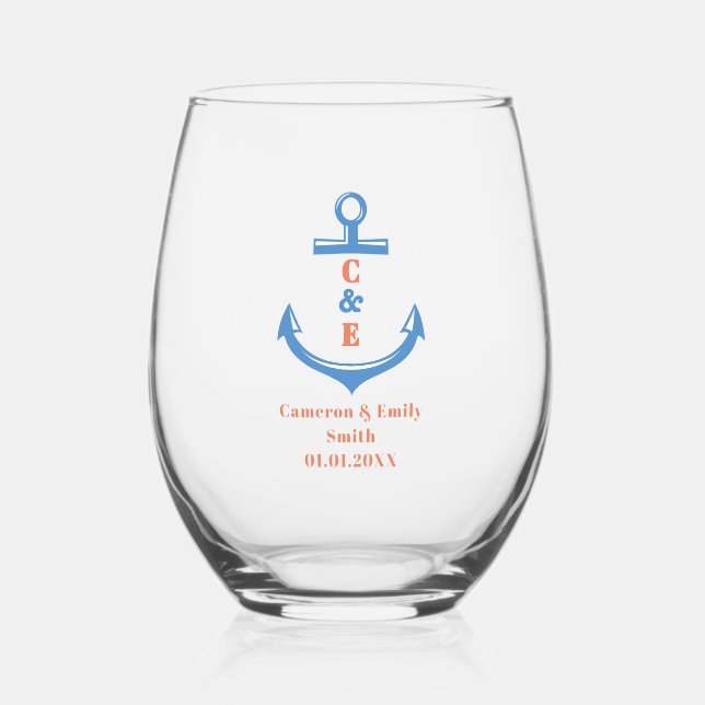 Nautical Anchor Monogrammed Paddle  Weinglas Ohne Stiel (Vorderseite)