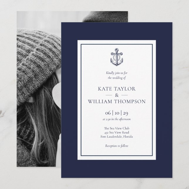 Nautical Anchor Navy Blue and White Wedding Foto Einladung (Vorne/Hinten)