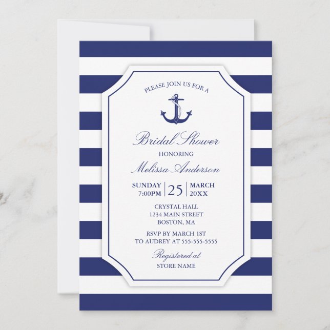 Nautical Anchor Navy Blue Bridal Dusche Einladung (Vorderseite)