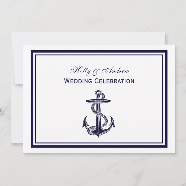 Nautical Anchor Navy Blue Gerahmt 2H Wedding Einladung (Vorderseite)