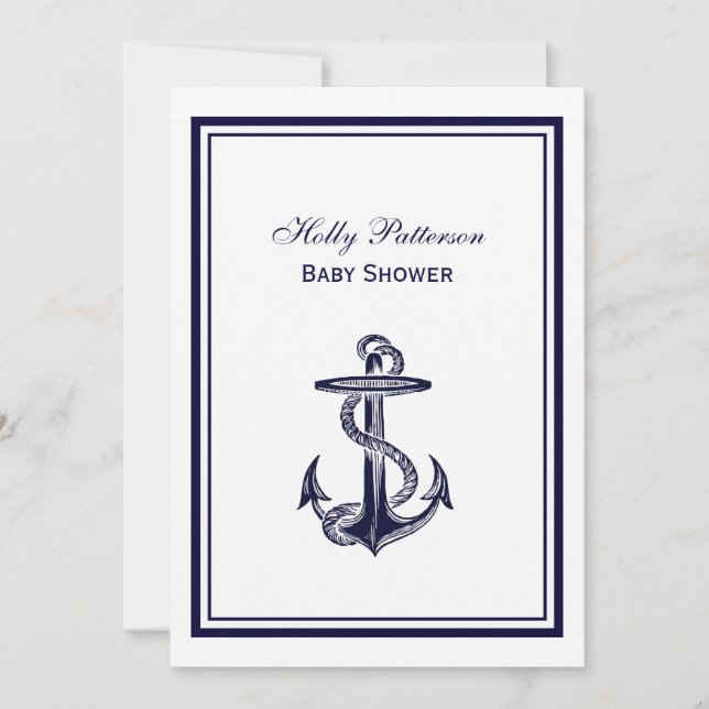 Nautical Anchor Navy Blue Gerahmt 2V Babydusche Einladung (Vorderseite)