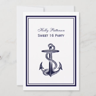 Nautical Anchor Navy Blue Gerahmt 2V Sweet 16 Einladung