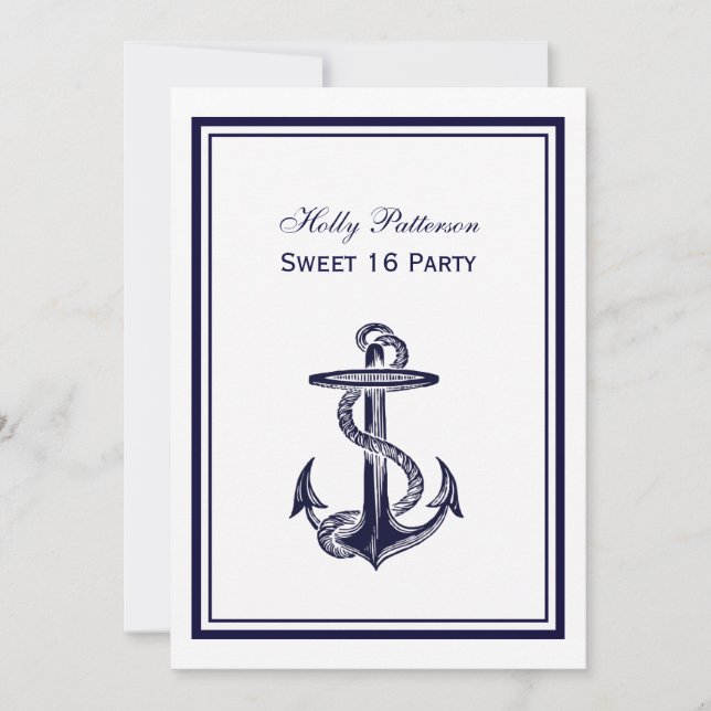 Nautical Anchor Navy Blue Gerahmt 2V Sweet 16 Einladung (Vorderseite)