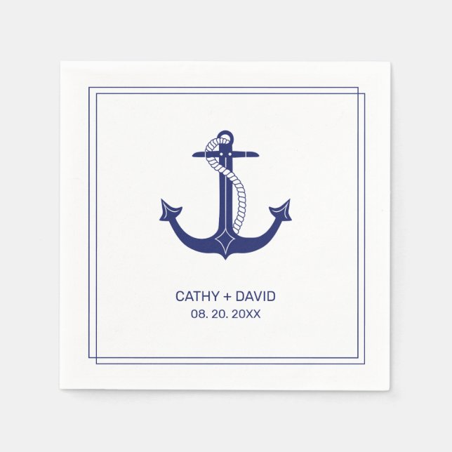 Nautical Anchor Navy Blue Monogram Names Wedding Serviette (Vorderseite)