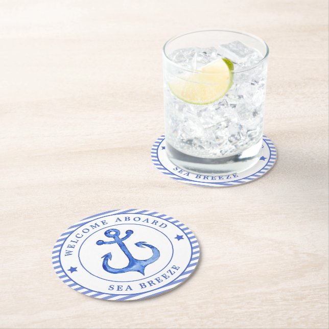 Nautical Anchor & Navy Blue Streifen w. Name des S Runder Pappuntersetzer (Vor Ort)