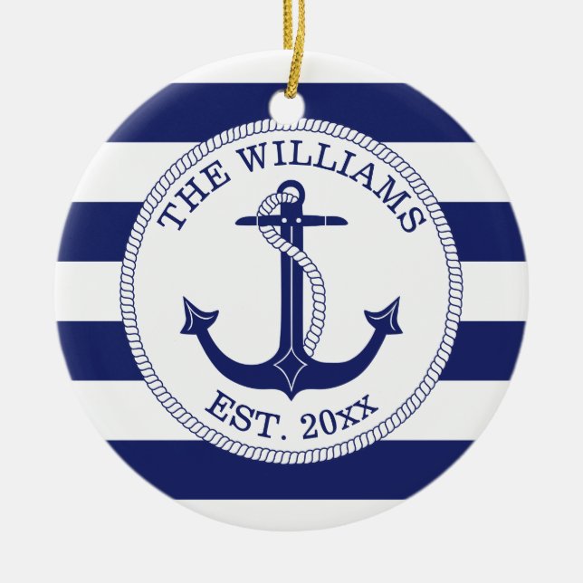 Nautical Anchor Navy Blue Stripe Mit Monogramm Keramik Ornament (Vorne)