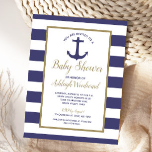 Nautical Anchor Navy Blue Striped Boy Baby Dusche Einladungspostkarte