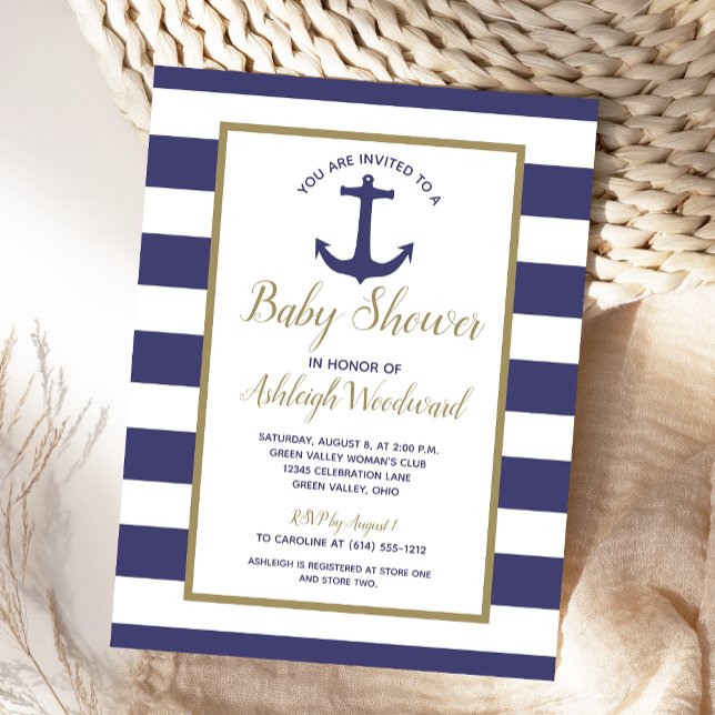 Nautical Anchor Navy Blue Striped Boy Baby Dusche Einladungspostkarte (Von Creator hochgeladen)