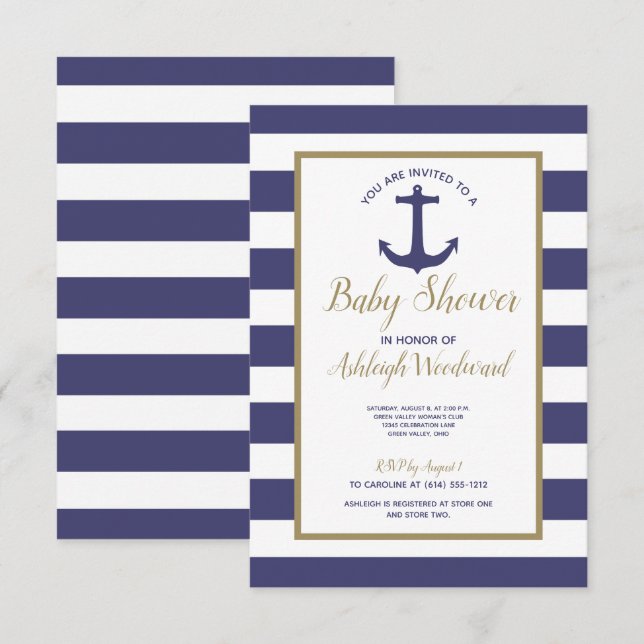 Nautical Anchor Navy Blue Stripes Boy Baby Dusche Einladung (Vorne/Hinten)