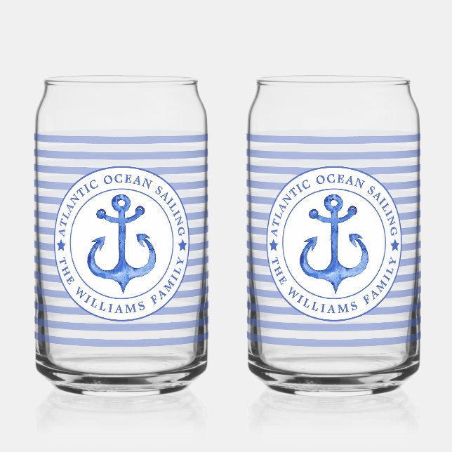 Nautical Anchor Navy Blue Striping Personalisiert Dosenglas (Vorderseite)