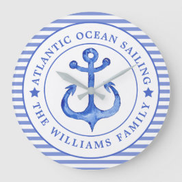 Nautical Anchor Navy Blue Striping Personalisiert Große Wanduhr