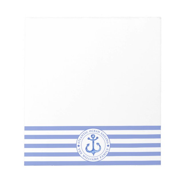 Nautical Anchor Navy Blue Striping Personalisiert Notizblock (Vorderseite)