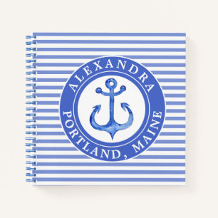 Nautical Anchor Navy Blue Striping Personalisiert Notizbuch