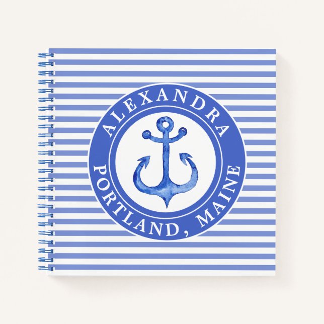 Nautical Anchor Navy Blue Striping Personalisiert Notizbuch (Vorderseite)