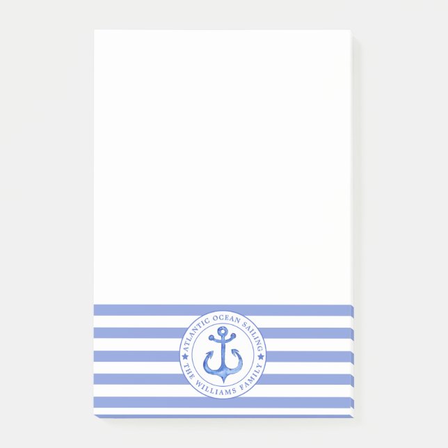 Nautical Anchor Navy Blue Striping Personalisiert Post-it Klebezettel (Vorderseite)
