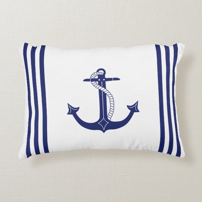 Nautical Anchor Navy Blue und White Strips Dekokissen (Vorderseite)