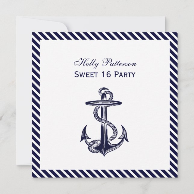 Nautical Anchor Navy Diag Stripe 2SQ Sweet 16 Einladung (Vorderseite)