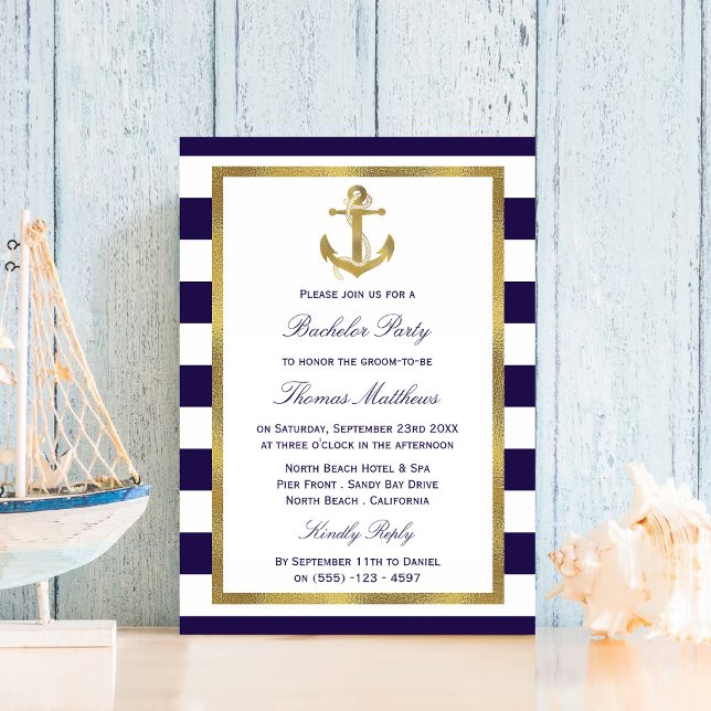 Nautical Anchor Navy Stripe Beach Bachelor Party Einladung (Von Creator hochgeladen)