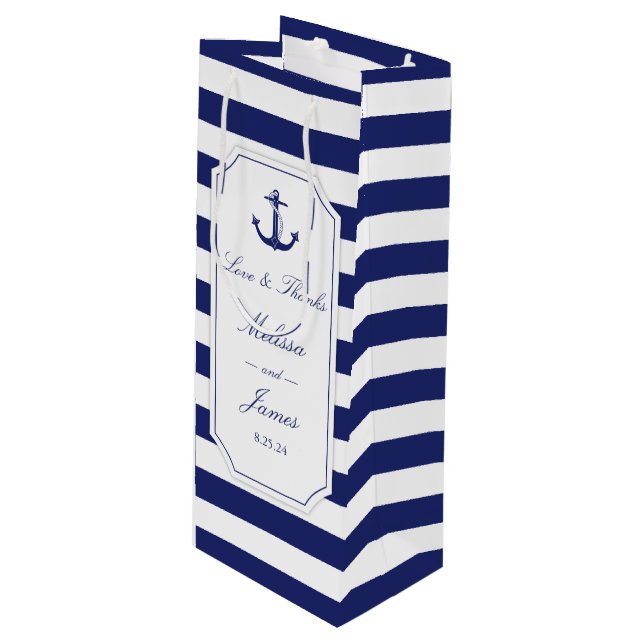 Nautical Anchor Navy Stripe Liebe dank Hochzeit Geschenktüte Für Weinflaschen (Vorderseite Schrägansicht)