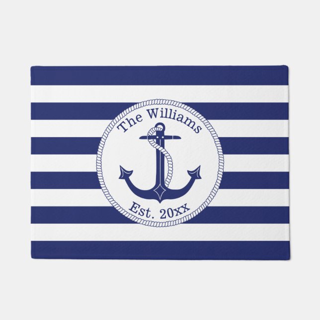 Nautical Anchor Navy Stripes Familienname 18 x 24 Fußmatte (Vorderseite)