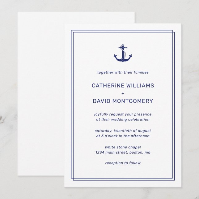 Nautical Anchor Navy & White Minimalistisch Weddin Einladung (Vorne/Hinten)