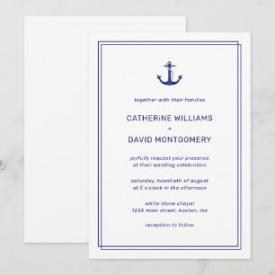 Nautical Anchor Navy & White Minimalistisch Weddin Einladung