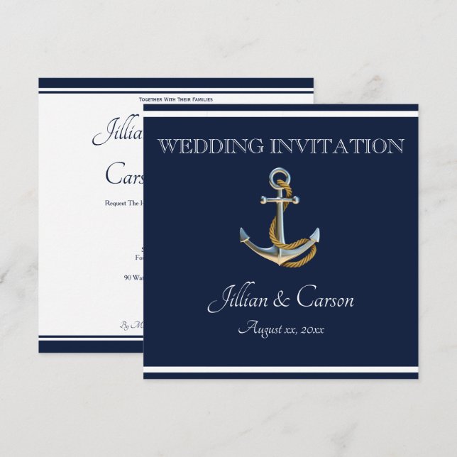 Nautical Anchor - Navy & White Wedding Einladung (Vorne/Hinten)