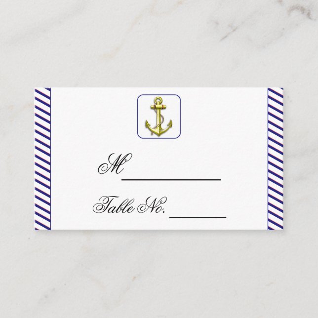 Nautical Anchor on Blue Stripe Wedding Platzkarte (Vorderseite)