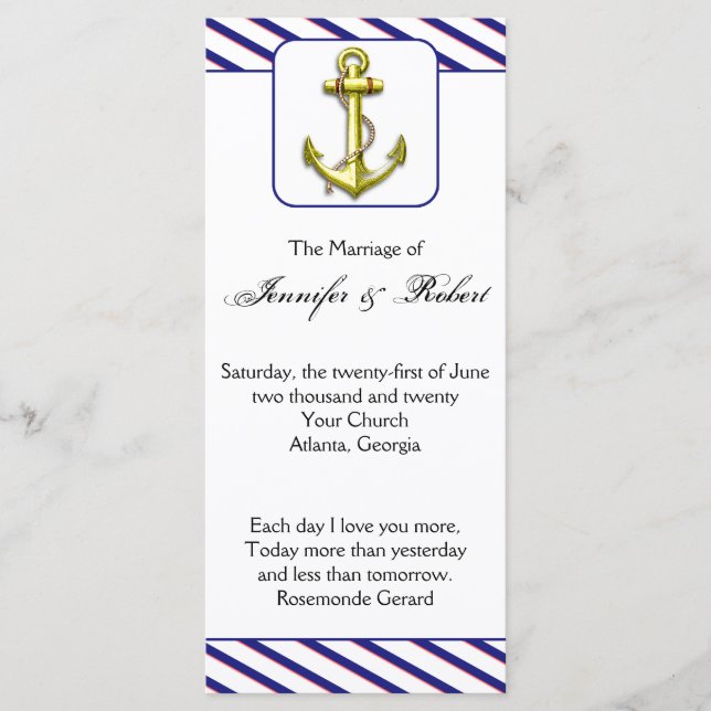 Nautical Anchor on Blue Stripe Wedding Program Programm (Vorderseite)