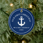 Nautical Anchor Our First Christmas Blue Keramik Ornament<br><div class="desc">Nautical Anchor Our First Christmas Wedding Couple Navy Blue Ceramic Ornament</div>