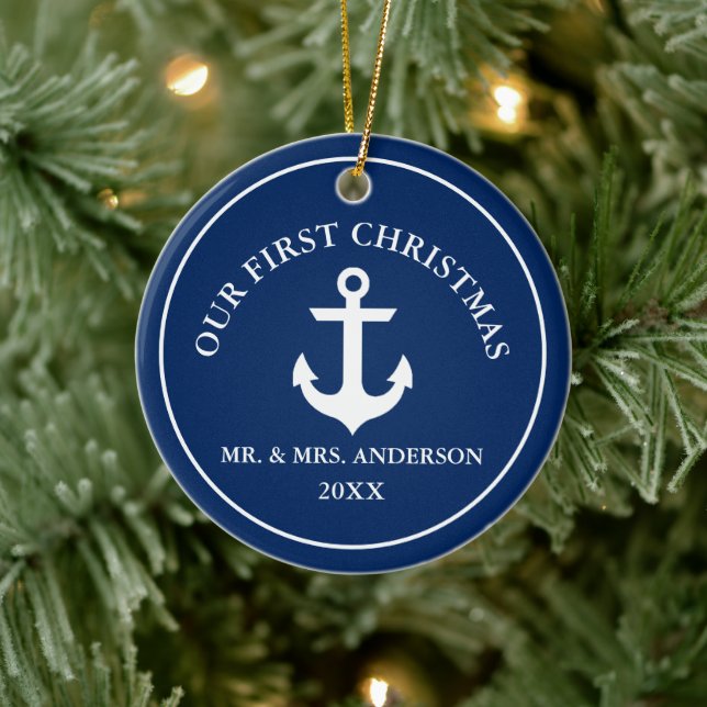 Nautical Anchor Our First Christmas Blue Keramik Ornament (Baum)