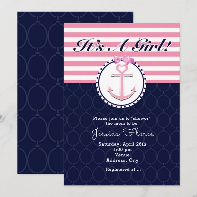 Nautical Anchor Pink & Blue Baby Dusche Einladung (Vorne/Hinten)