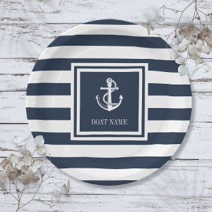Nautical Anchor Rope Boat Name Navy Blue Striping Pappteller