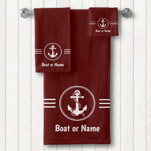 Nautical Anchor Rope Boat oder Ihr Name Deep Red Badhandtuch Set