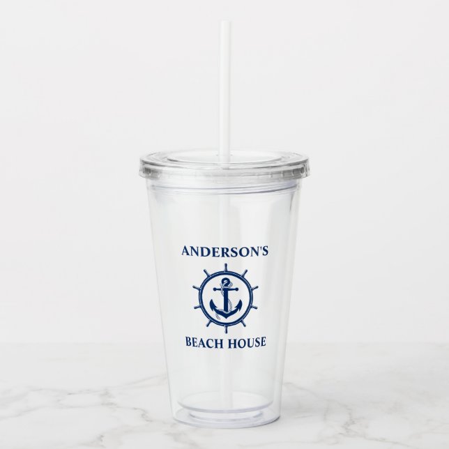 Nautical Anchor Rope Wheel Beach House Acryltrinkbecher (Vorderseite)