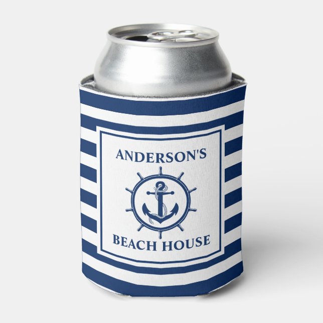 Nautical Anchor Rope Wheel Striped Beach House Dosenkühler (Kanne Vorderseite)