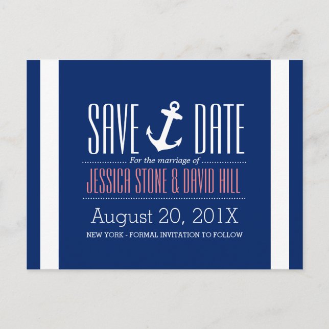 Nautical Anchor Royal Blue Wedding Save the Date Ankündigungspostkarte (Vorderseite)