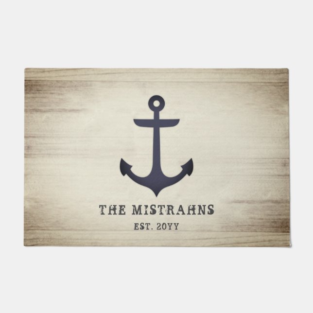 Nautical Anchor Rustic Gray Wood Individuelle Name Fußmatte (Vorderseite)