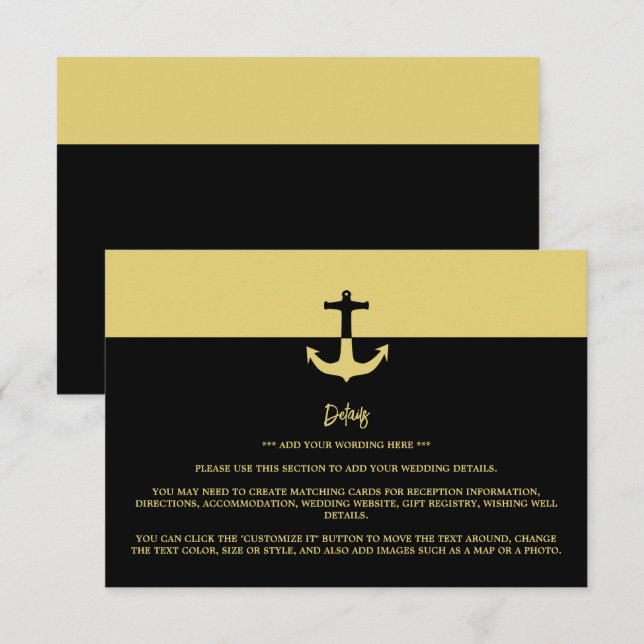 Nautical Anchor - Schwarzes Gold - Hochzeitsdetail Begleitkarte (Vorne/Hinten)